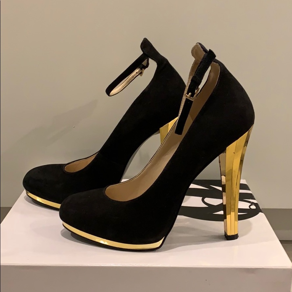 Black and Gold Ankle Strap Stilettos